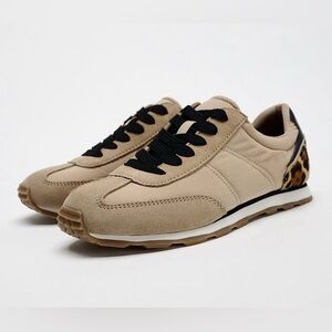 Zara Beige Sneakers with Black Laces and Leopard Heel Accent